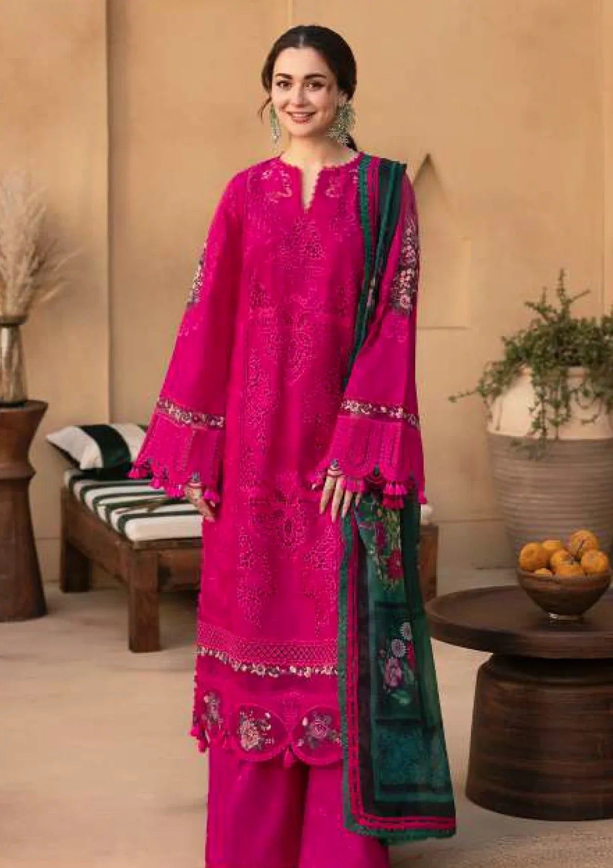 QALAMQAR 3PC DHANAK EMBROIDERED SHIRT WITH DHANAK EMB SHAWL AND TROUSER DN-2007