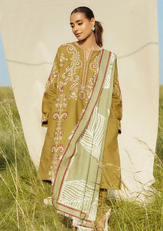 ETHNIC 3PC DHANAK EMBROIDERED SHIRT WITH DHANAK PRINT SHAWL AND TROUSER DN-2040