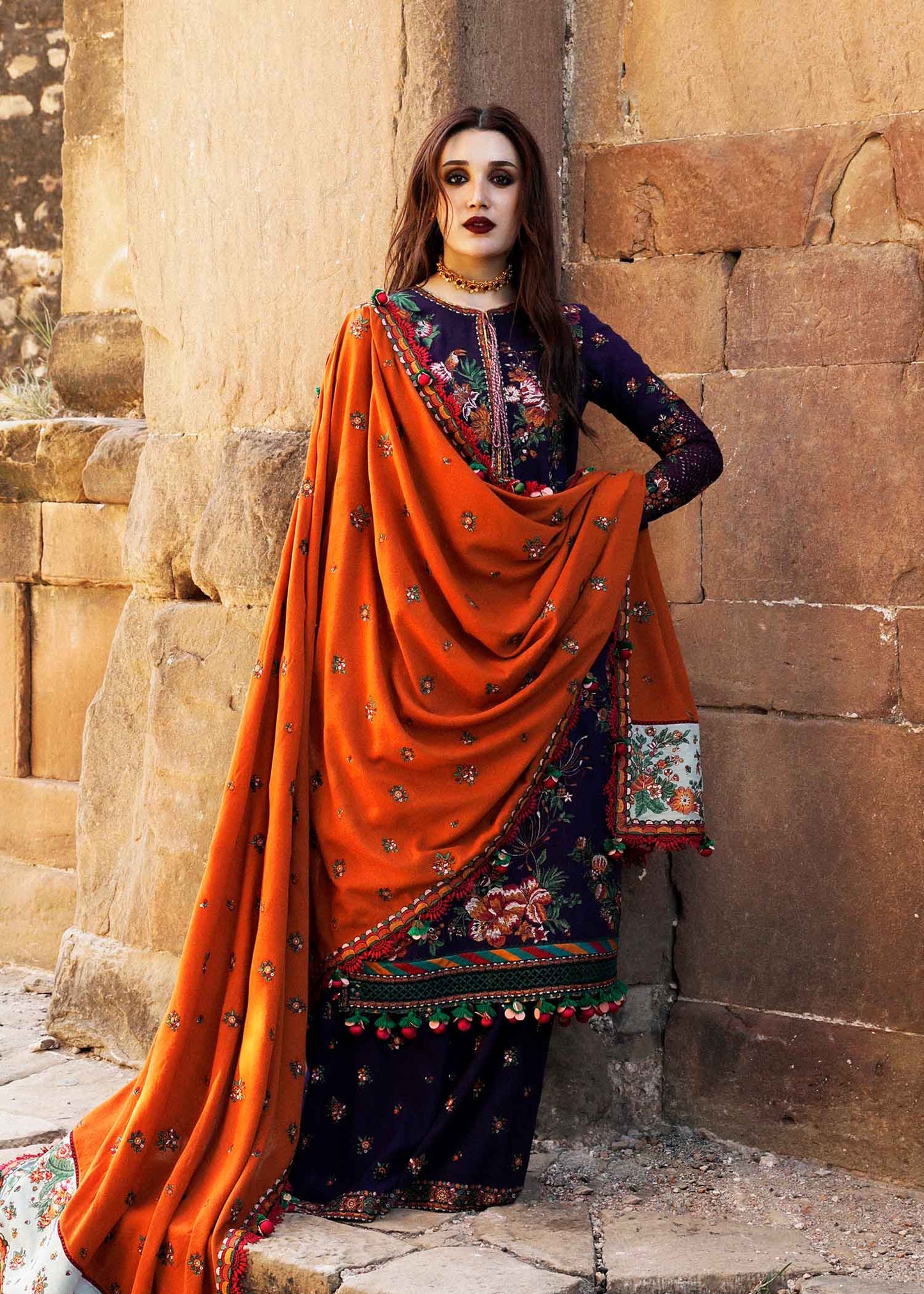 HUSSAIN REHAR 3PC DHANAK EMBROIDERED SHIRT WITH DHANAK PRINT SHAWL AND TROUSER DN-2010