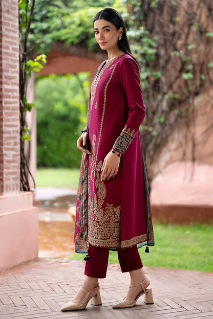 3PC DHANAK EMBROIDERED SHIRT WITH DHANAK PRINT SHAWL AND TROUSER DN-2002