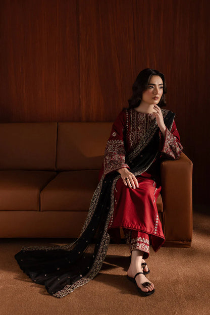 ETHNIC 3PC DHANAK EMBROIDERED SHIRT WITH DHANAK PRINT SHAWL AND TROUSER DN-2012