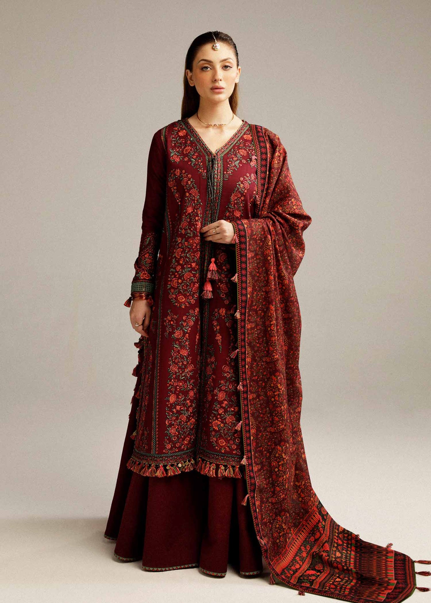BAREEZA 3PC DHANAK EMBROIDERED SHIRT WITH DHANAK PRINT SHAWL AND TROUSER DN-2011