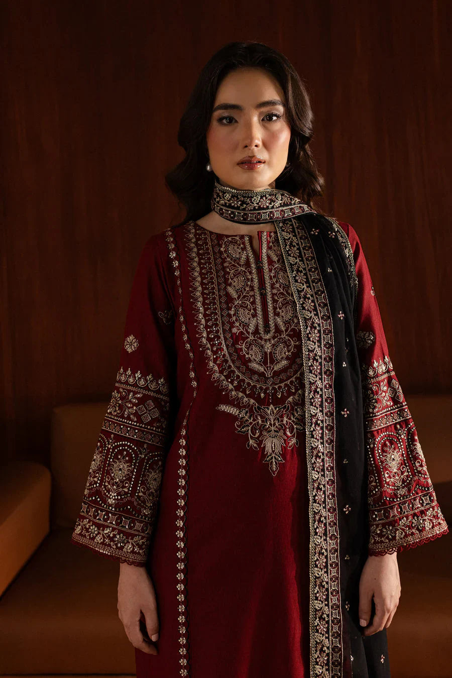 ETHNIC 3PC DHANAK EMBROIDERED SHIRT WITH DHANAK PRINT SHAWL AND TROUSER DN-2012
