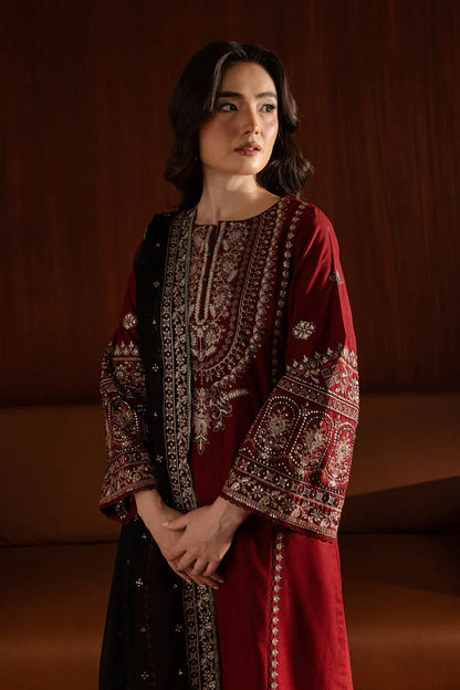 ETHNIC 3PC DHANAK EMBROIDERED SHIRT WITH DHANAK PRINT SHAWL AND TROUSER DN-2012