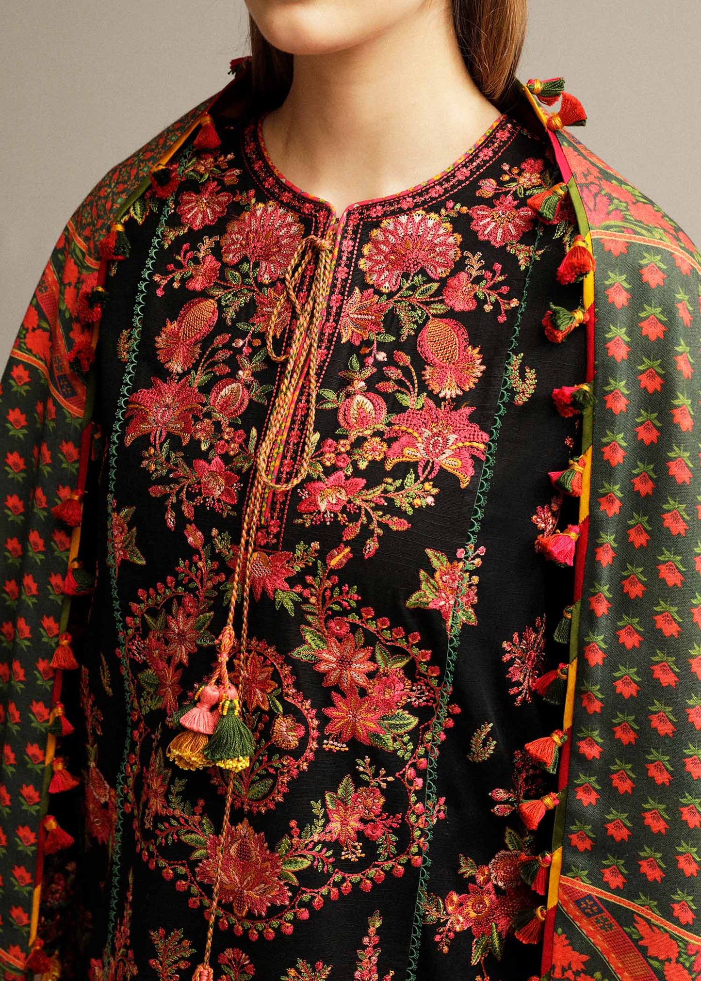 HUSSAIN REHAR 3PC DHANAK EMBROIDERED SHIRT WITH DHANAK PRINT SHAWL AND TROUSER DN-2013