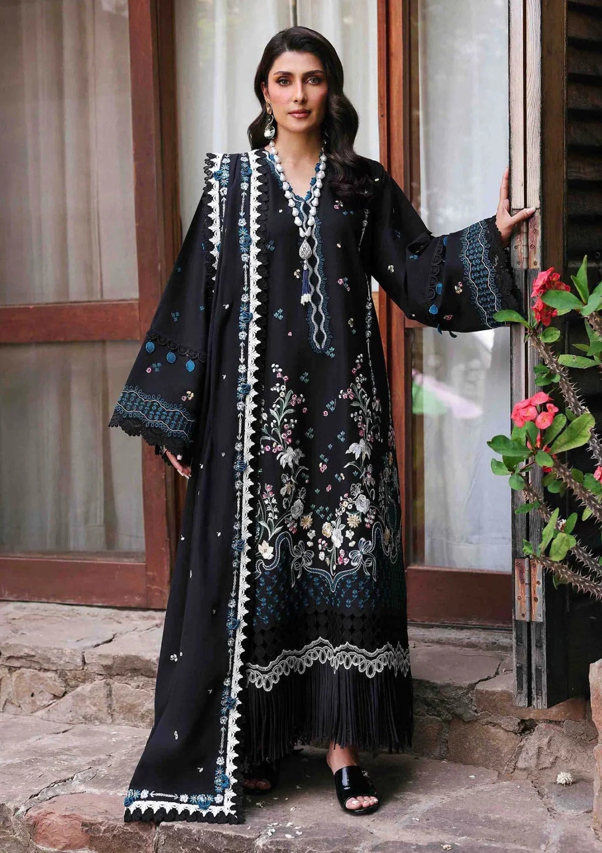 QALAMQAR 3PC DHANAK EMBROIDERED SHIRT WITH DHANAK PRINT SHAWL AND TROUSER DN-2014