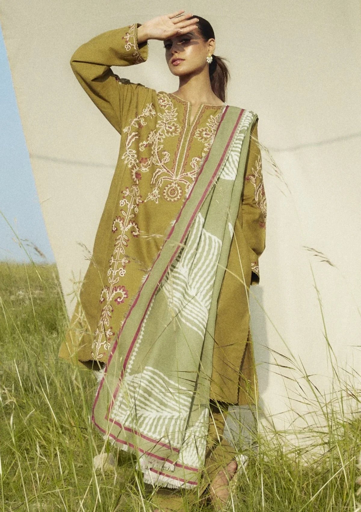 ETHNIC 3PC DHANAK EMBROIDERED SHIRT WITH DHANAK PRINT SHAWL AND TROUSER DN-2040