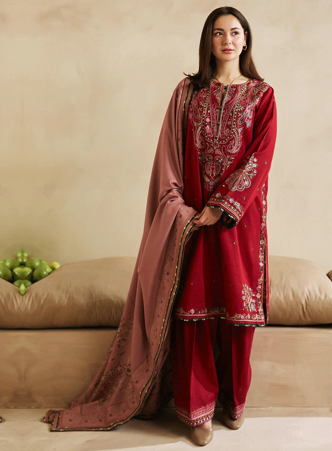 COCO 3PC DHANAK EMBROIDERED SHIRT WITH DHANAK SHAWL AND TROUSER DN-2054