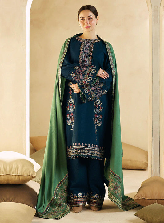 ZARA SHAHJAHAN  3PC DHANAK EMBROIDERED SHIRT WITH DHANAK SHAWL AND TROUSER DN-2055