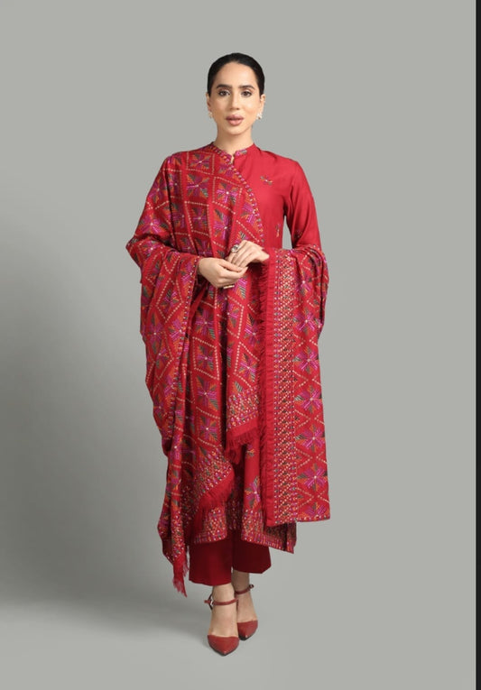 BAREEZE 3PC DHANAK EMBROIDERED SHIRT WITH DHANAK SHAWL AND TROUSER DN-2026