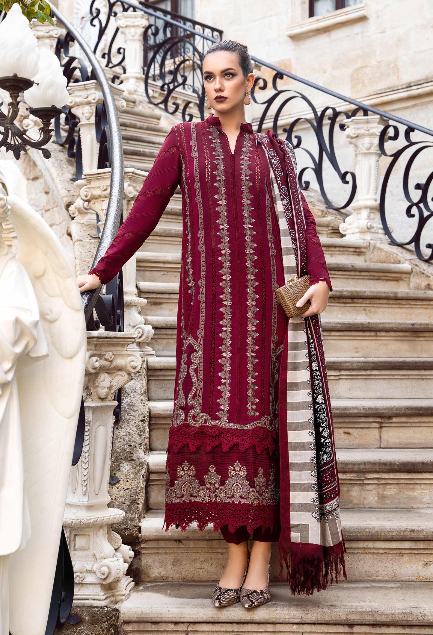 MARIA B 3PC DHANAK EMBROIDERED SHIRT WITH DHANAK SHAWL AND TROUSER DN-2067