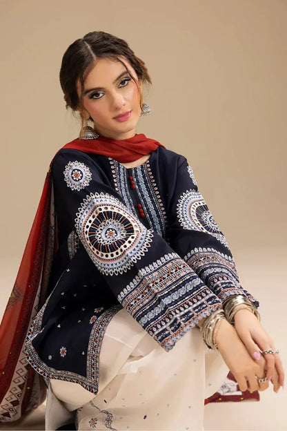 ETHNIC 3PC DHANAK EMBROIDERED SHIRT WITH DHANAK SHAWL AND TROUSER DN-2070
