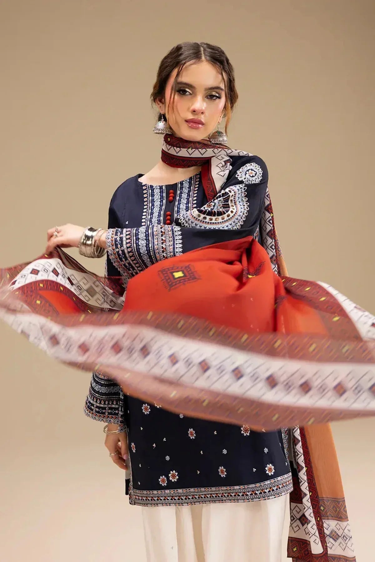 ETHNIC 3PC DHANAK EMBROIDERED SHIRT WITH DHANAK SHAWL AND TROUSER DN-2070