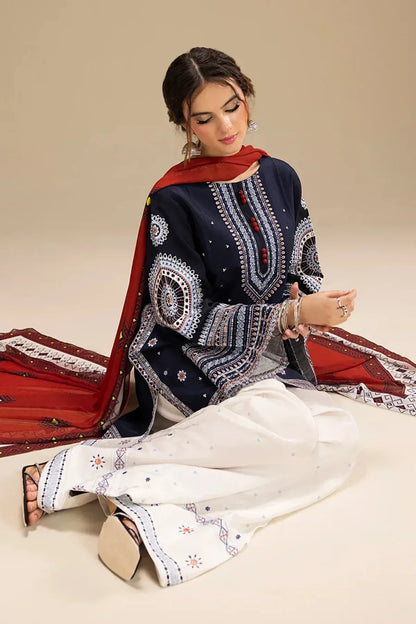 ETHNIC 3PC DHANAK EMBROIDERED SHIRT WITH DHANAK SHAWL AND TROUSER DN-2070