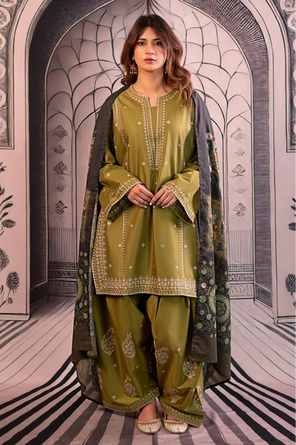 URGE 3PC DHANAK EMBROIDERED SHIRT WITH DHANAK SHAWL AND TROUSER DN-2075