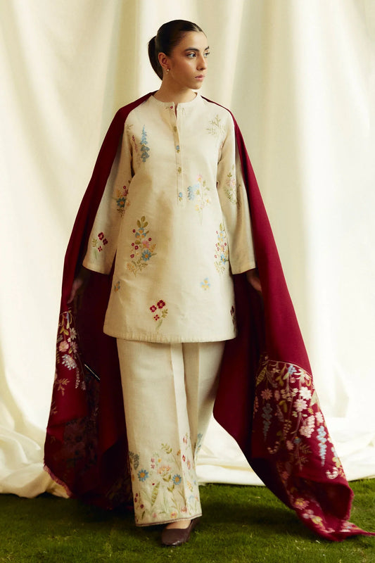 ZARA SHAHJAHAN 3PC DHANAK EMBROIDERED SHIRT WITH DHANAK SHAWL AND TROUSER DN-2082