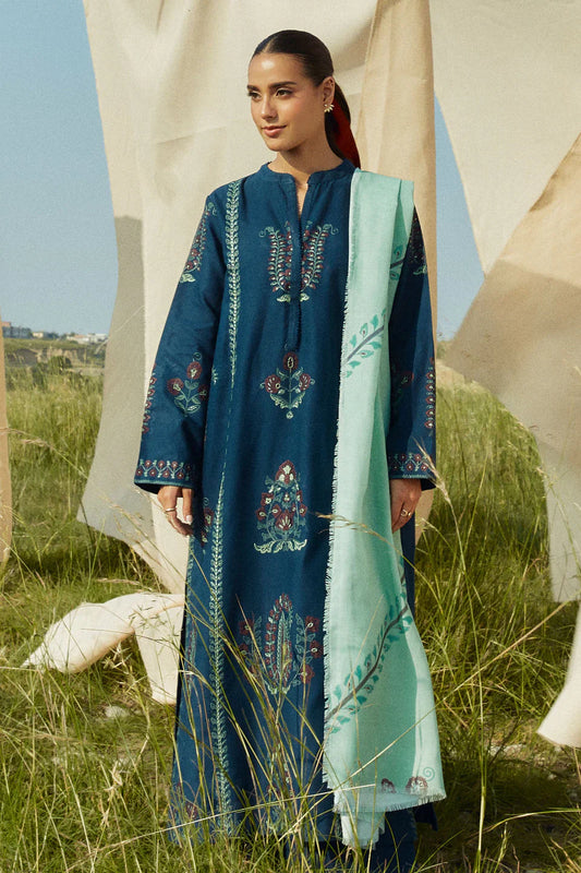 ZARA SHAHJAHAN 3PC DHANAK EMBROIDERED SHIRT WITH DHANAK SHAWL AND TROUSER DN-2083