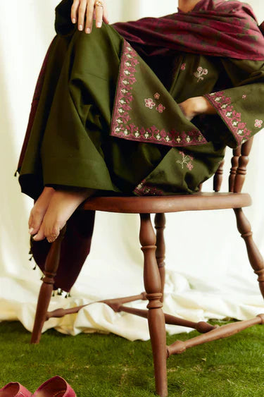 ZARA SHAHJAHAN 3PC DHANAK EMBROIDERED SHIRT WITH DHANAK SHAWL AND TROUSER DN-2085