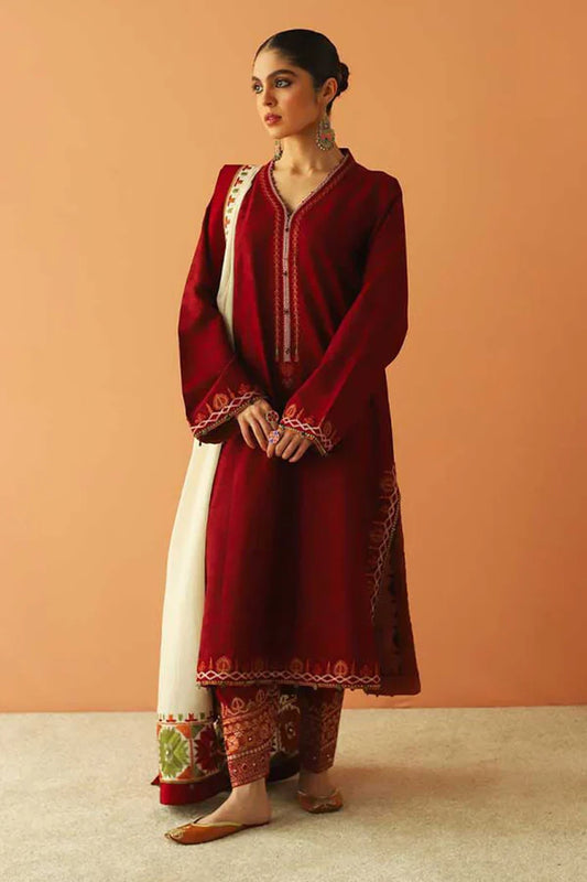 ZARA SHAHJAHAN 3PC DHANAK EMBROIDERED SHIRT WITH DHANAK SHAWL AND TROUSER DN-2086